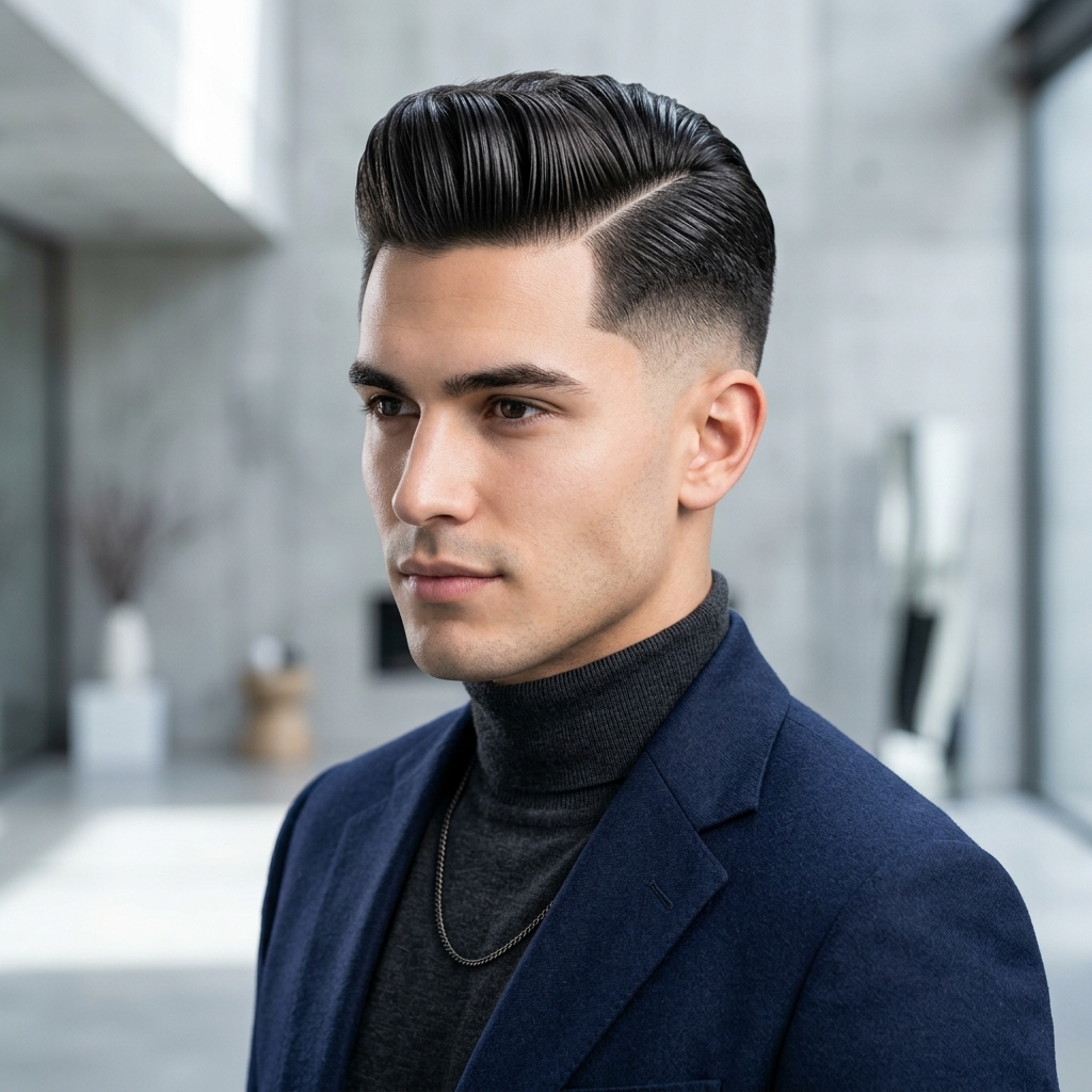 Classic side part pompadour haircut showcase